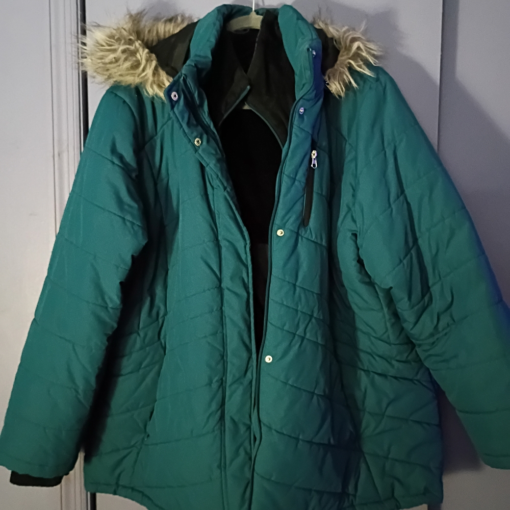 Free Country Teal Puffer Jacket with Faux Fur Trim